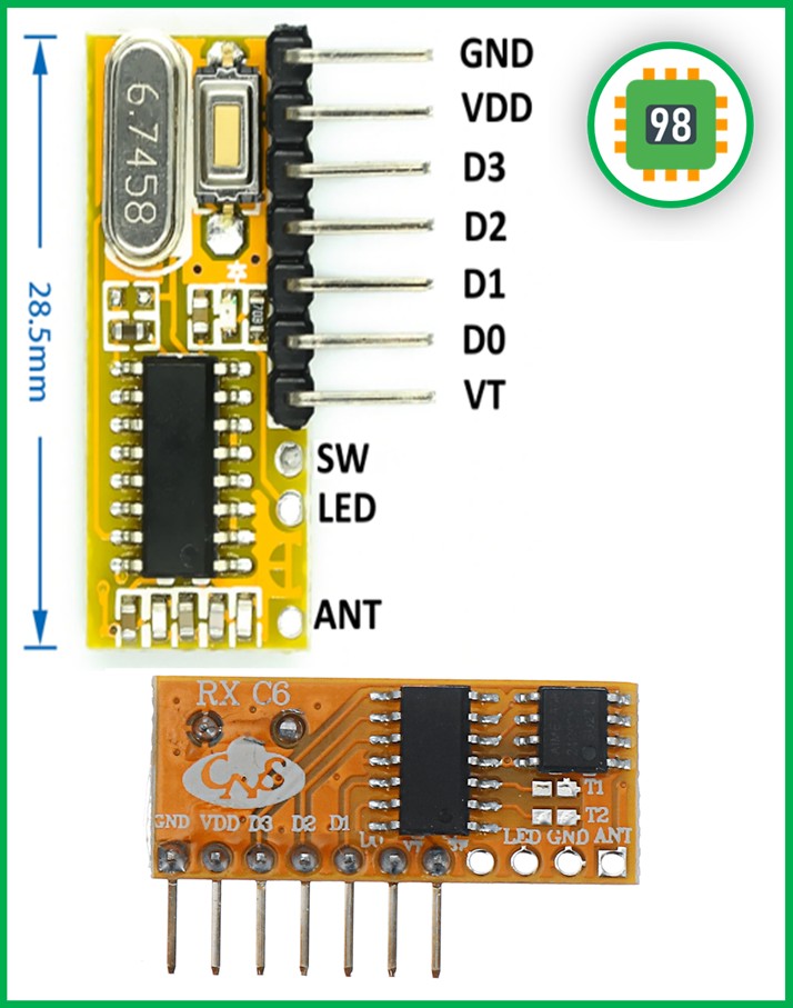 ماژول گیرنده 4 کاناله کد لرن 433MHz مدل RXC6 ماژول گیرنده 4 کاناله کد لرن 433MHz مدل RXC6